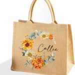 callie Personalized Jute Tote Bag for Women – Custom Birth Flower Wreath with Name on Surface, Birthday Christmas Gifts
