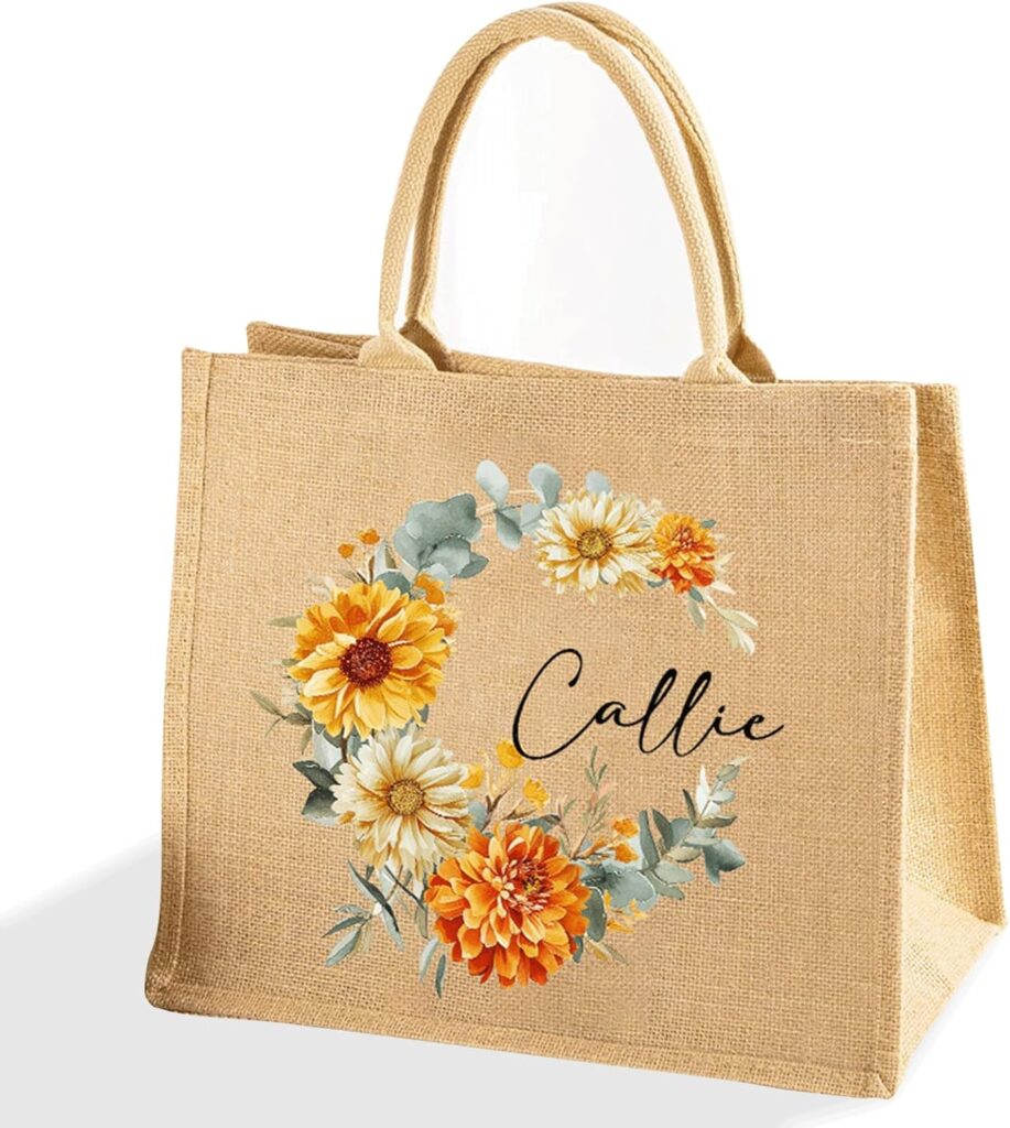 callie Personalized Jute Tote Bag for Women – Custom Birth Flower Wreath with Name on Surface, Birthday Christmas Gifts