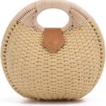 Ynport Straw Purses for Women Summer Beach Rattan Tote Bag Round Handle Ring Handbag Retro Handmade Woven Shell Bag