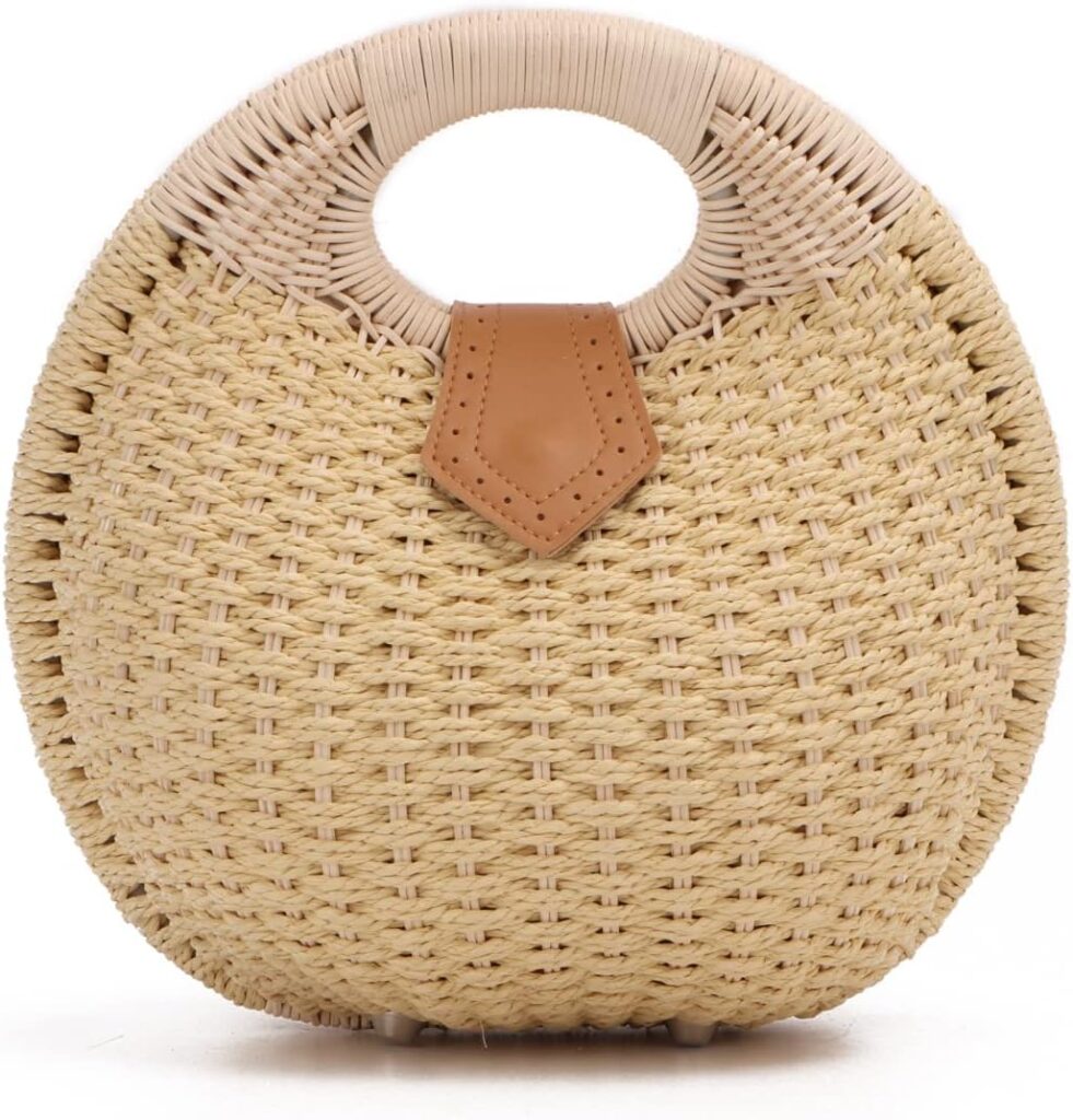 Ynport Straw Purses for Women Summer Beach Rattan Tote Bag Round Handle Ring Handbag Retro Handmade Woven Shell Bag