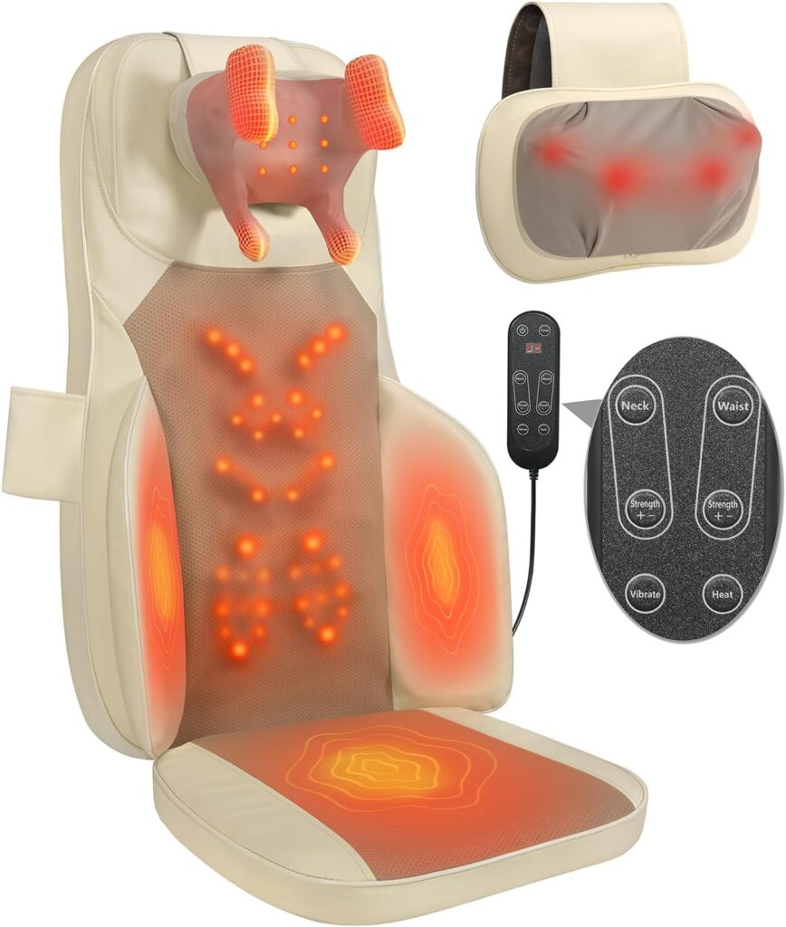 Shiatsu Massage Cushion with Heat for Neck and Back – 4D Kneading, Vibration and Dual-Neck Design, Adjustable Intensity and Height, Help with Muscle Stiffness, for Office Chair, Home, Beige