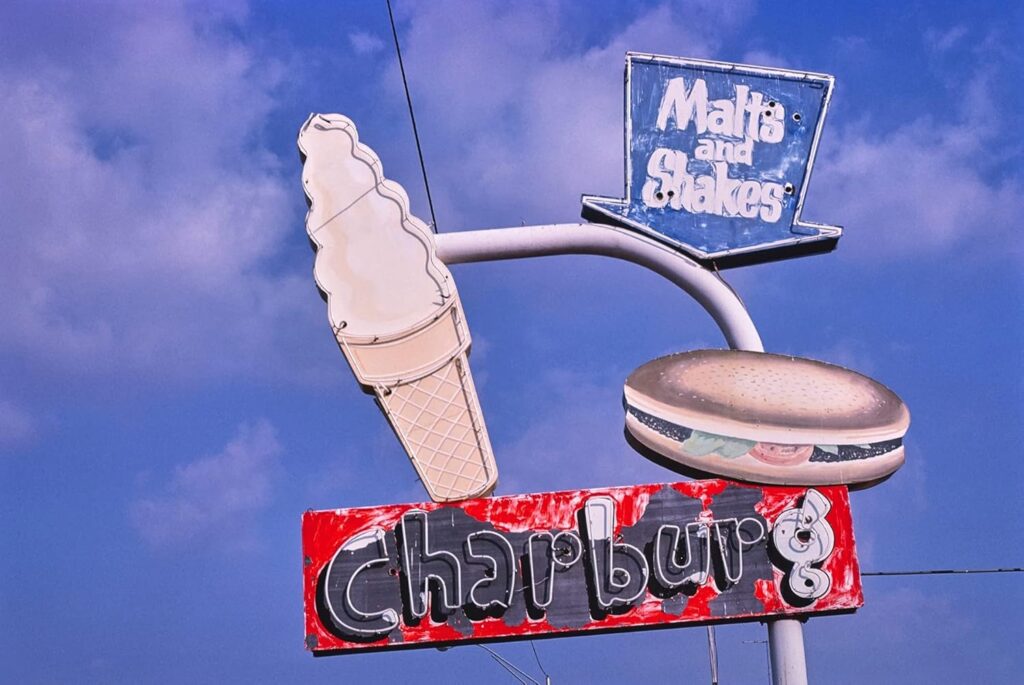 LIVESTOCK Classic Prints Gallery Vintage Wall Art Americana Charburg Ice Cream Sign on E. Main Street in Enid Oklahoma by John Margolies, Roadside America Poster, Print Only, 5.5×8