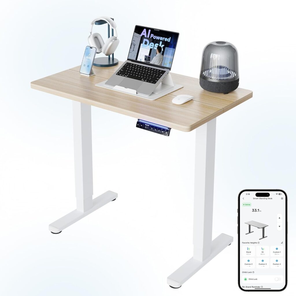 HUANUO AI-Powered Electric Standing Desk with Smart APP, Work with Alexa & Google, Adjustable Height, 6 Memory Settings, Sedentary Reminder, Ergonomic Sit-Stand Desk, 32-inch, Light Walnut