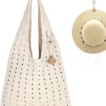RUNROLE Crochet Tote Bag with Macrame Hat Clip for Travel Women Summer Beach Bag Aesthetic Knit Bag Cute Shoulder Bags