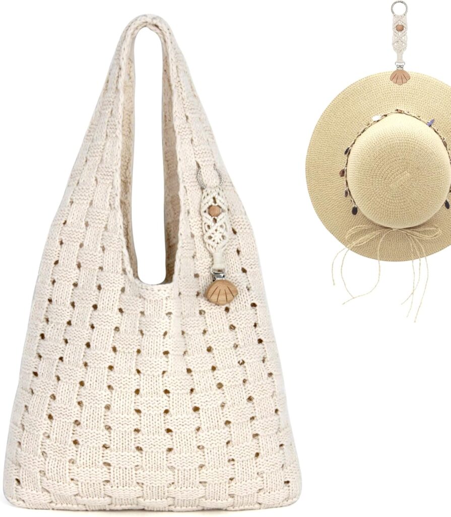 RUNROLE Crochet Tote Bag with Macrame Hat Clip for Travel Women Summer Beach Bag Aesthetic Knit Bag Cute Shoulder Bags