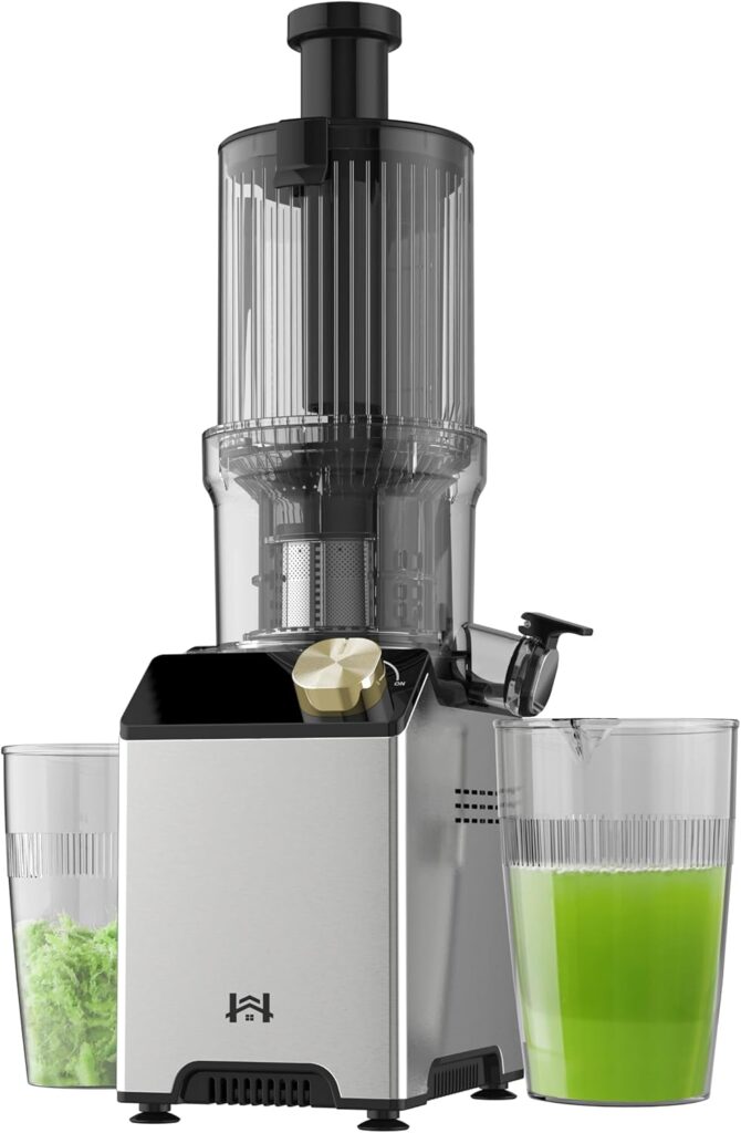 Cold Press Juicer, Juicer Machines with 4.35” Wide Feed Chute, Stainless Steel Masticating Juicers Easy to Clean, Ergonomic Operational Panel Design, High Juice Yield, Golden Color Knob