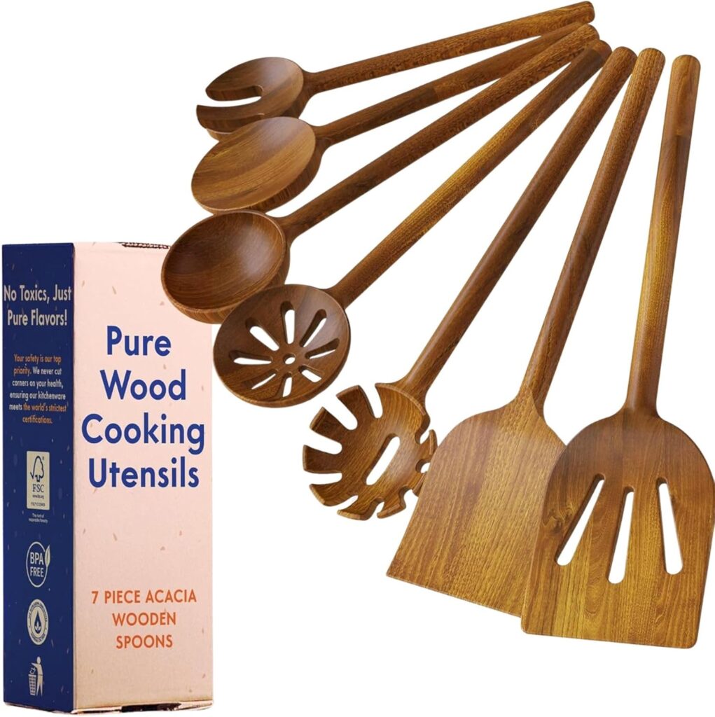 Non-Toxic Wooden Spoons for Cooking– 7-Piece Kitchen Utensils Set, Glue-Free & One-Piece Cooking Utensils, Natural Wooden Utensil Set with Plant-Based Finish, Free of Forever Chemicals