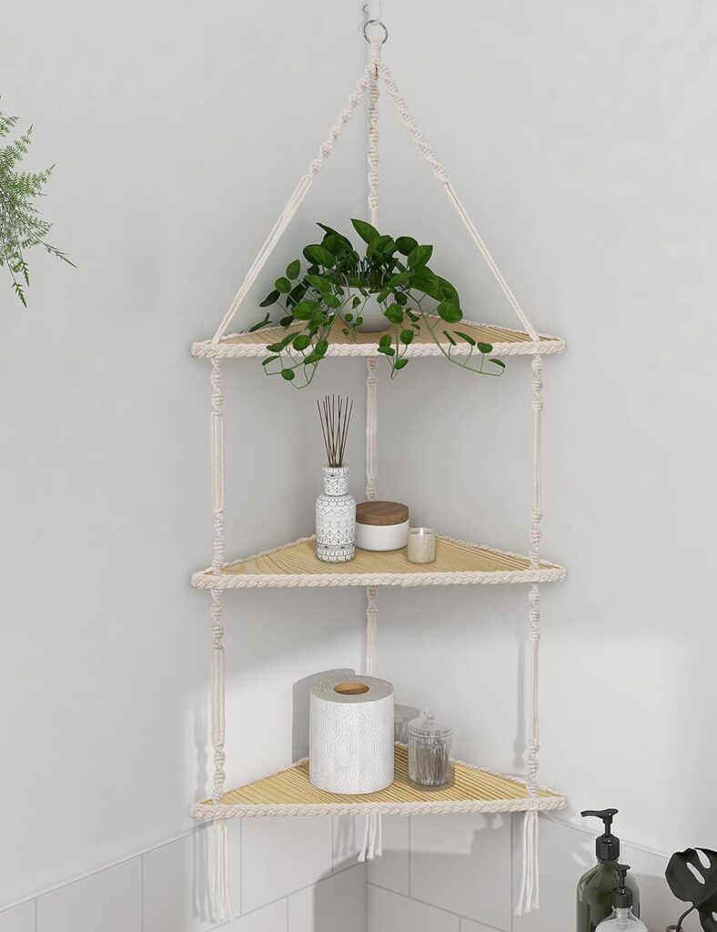 Corner Shelves Macrame 3 Tier, Boho Handmade Woven White Rope Beige Hanging Floating Shelf Decor Display Plant Racks Storage Organizer for Bedroom Bathroom Office Living Room