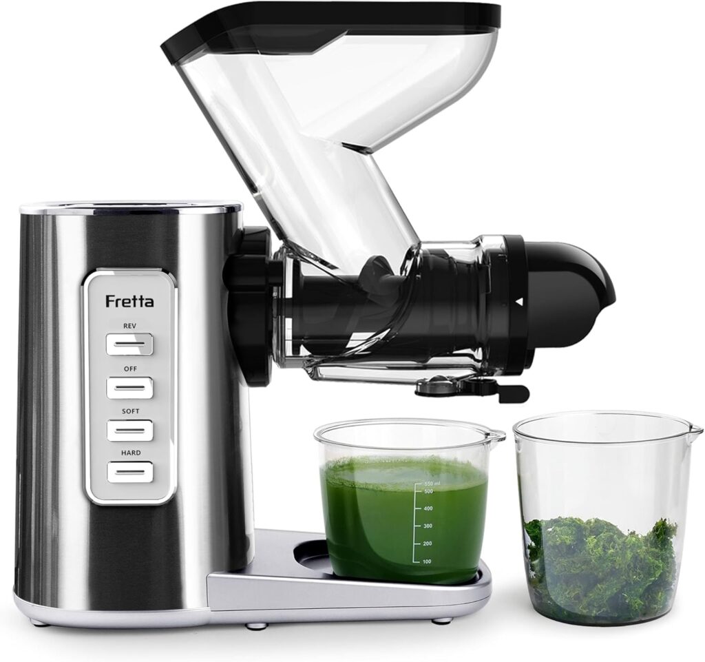 Fretta Masticating Slow Juicers,3-inch Wide Feeding Chute Cold Press Juicer,Celery Juicer, Juicer Machines Vegetable and Fruit,Juice Recipes Included,2 Speed,BPA-Free,Easy Clean,200W (Stainless Steel)