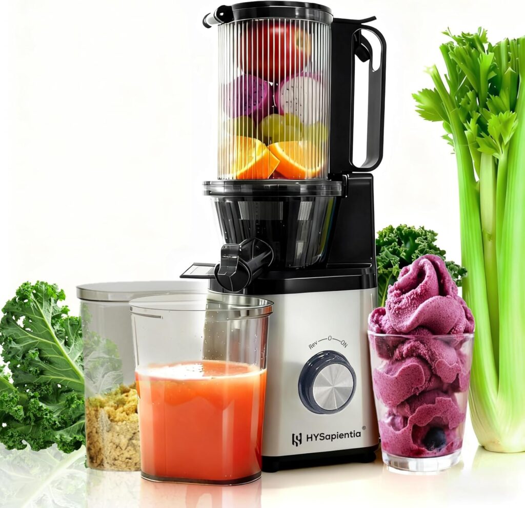 Cold press juicer machines，HYSapientia Electric masticating slow juicer for vegetable and fruit,Powerful Motor,Self Precut System,Easy to Clean,High Juice Yield,Juice & Fruit Purée Gelato Strainers