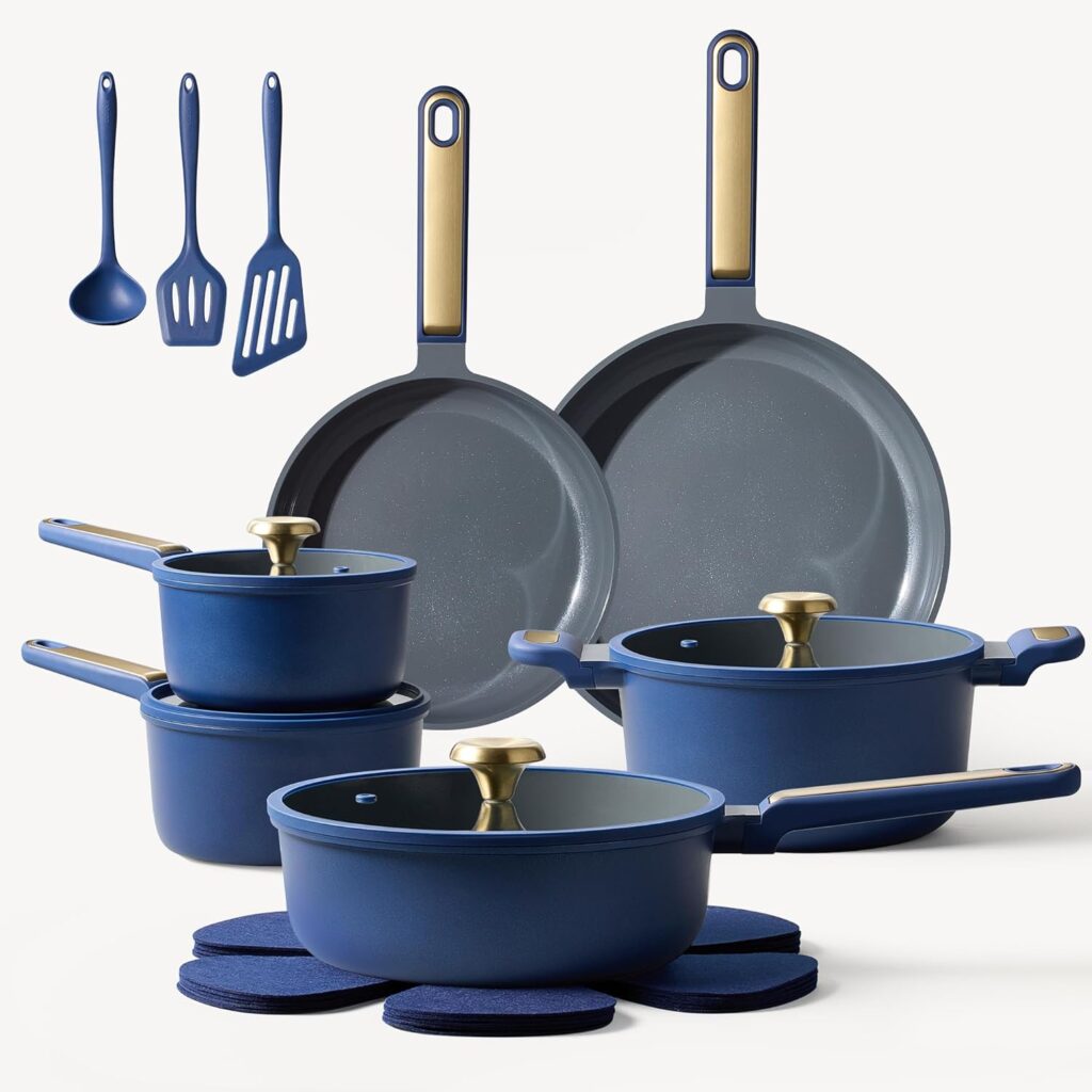 CAROTE Ceramic Cookwar Set, Pots and Pan Set Non Stick 18 Piece, Cookware Set Kitchen Cooking Set Non Toxic, PFAS PTFE Free