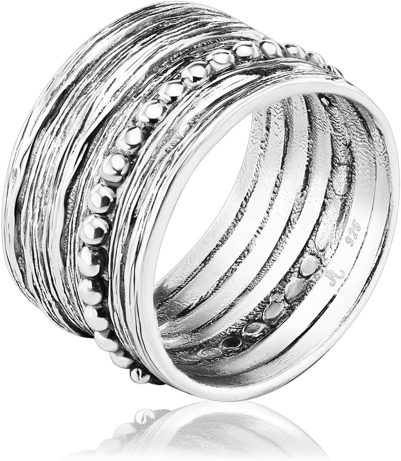 925 Sterling Silver Wide Ring Multi Texture and Beads, Oxidized, Vintage Look Stylish Hypoallergenic, Nickel and Lead-free, Artisan Handcrafted Designer Collection Made in Israel (Size 5-11)