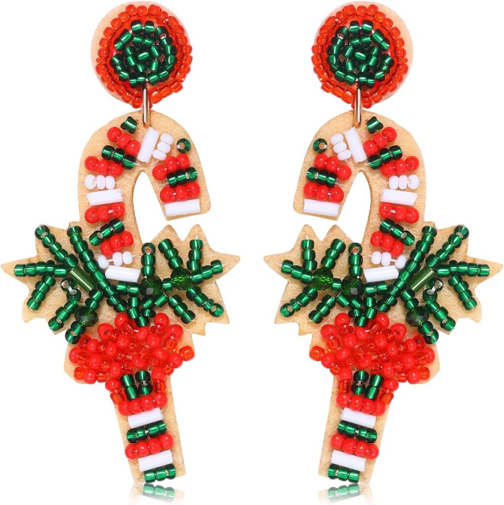 Christmas Beaded Earrings Handmade Candy Cane Snowman Gingerbread Man Drop Dangle Earrings Festive Holiday Beaded Earrings Jewelry for Women Girl Gift Multicolor