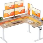 TIQLAB 63” L-Shaped Standing Desk with LED Light Strip and Power Outlet, Height Adjustable Corner Table with Ergonomic Monitor Stand, Maple