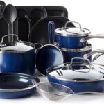 Blue Diamond 20 Piece Nonstick Cookware Set, Diamond Ceramic Pots & Pans, Dishwasher & Metal Utensil Safe, Non Toxic PFAS-Free, Kitchen Cooking Sauce & Saute Pans, Oven & Broiler to 600F, Blue