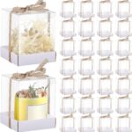 Cunno 36 Set 3.5 x 3.5 x 4.3 in Candle Package Transparent Gift Box 4-18 oz Handmade Tealight Candle Holder Bulk Paper Bottom Ribbon for Wedding Baby Shower Party Mug Cake Wine Glasses(White)