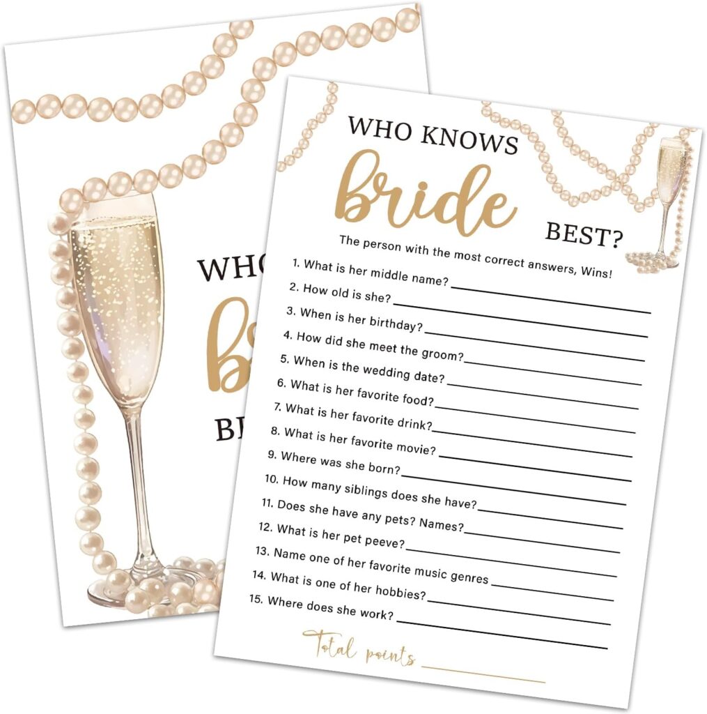 Bridal Games for Showers Bridal Shower Games 30 Guests Who Knows the Bride Best Game for Engagement Wedding Party, Wedding Shower Games (Gold Champagne) -014
