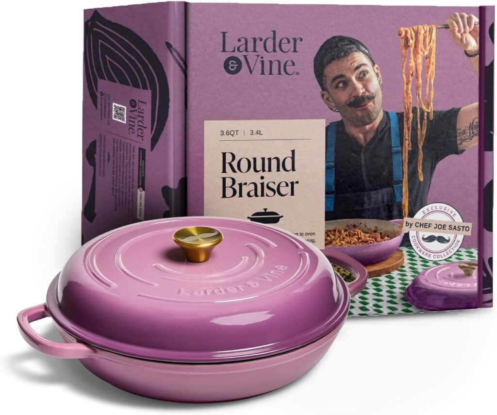 Chef Joe Sasto Enameled Cast Iron Braiser with Lid, for Slow Cooking, Roasting & Searing, Oven Safe, Induction Compatible, Easy-Clean Finish