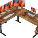 FEZIBO 63″ L-Shaped Standing Desk – Adjustable Corner Desk L Shape, L-Shaped Adjustable Desk with Splice Board, L Shape Standing Desk, Vintage-Brown