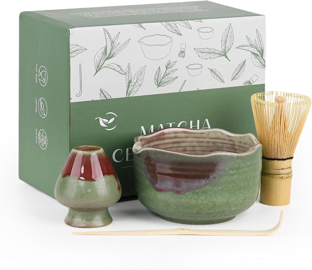 Pottery Matcha Set – Japanese Handcrafted Matcha Tea Bowl Mineral Glaze Bowl with Spout, Bamboo Whisk, Scoop & Chasen Holder | 4pc Tea Ceremony Kit for Matcha Lovers (Forest Glow)