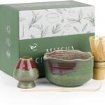 Pottery Matcha Set – Japanese Handcrafted Matcha Tea Bowl Mineral Glaze Bowl with Spout, Bamboo Whisk, Scoop & Chasen Holder | 4pc Tea Ceremony Kit for Matcha Lovers (Forest Glow)