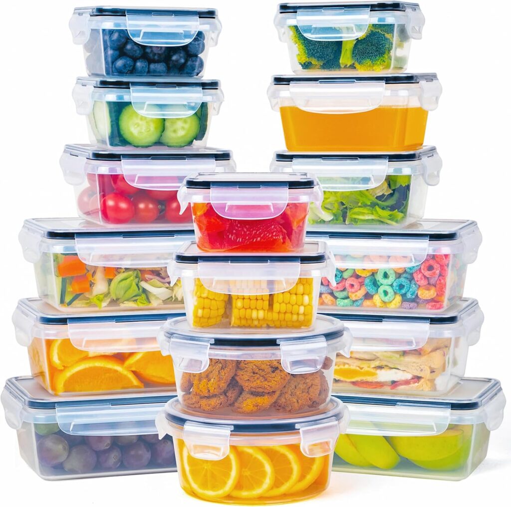 32 Piece Food Storage Container with Lids (16 Containers + 16 Lids) – Plastic Food Containers with Lid, Airtight Leak Proof Snap Lock, BPA Free Storage Containers