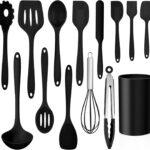 LIANYU 14 Pcs Cooking Utensils Set with Holder, Heat Resistant Silicone Kitchen Cookware Utensils Set, Kitchen Cooking Tools Includes Spatula Spoon Turner Whisk Tong, Dishwasher safe, Black