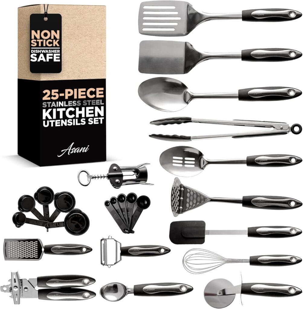 Asani 25-Piece Stainless Steel Kitchen Utensil Set | Non-Stick Cooking Gadgets and Tools Kit | Durable Dishwasher-Safe Cookware Set | Kitchenware Gift Idea, Best New Apartment Essentials