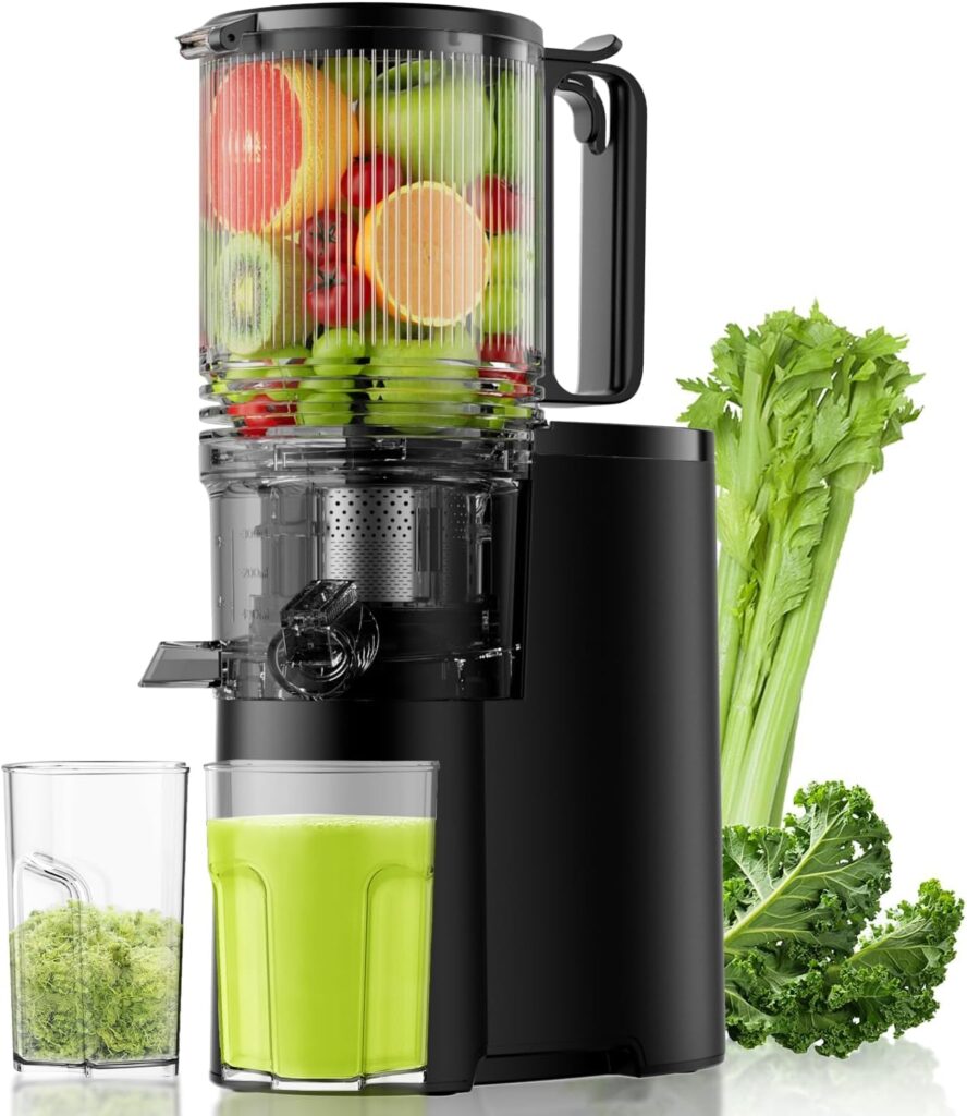 Cold Press Juicer, 5.3″ Wide Feed Chute Juice Extractor Machine with 400W, High Juice Yield, Slow Masticating Juicer for Whole Vegetables & Fruits, Textured black