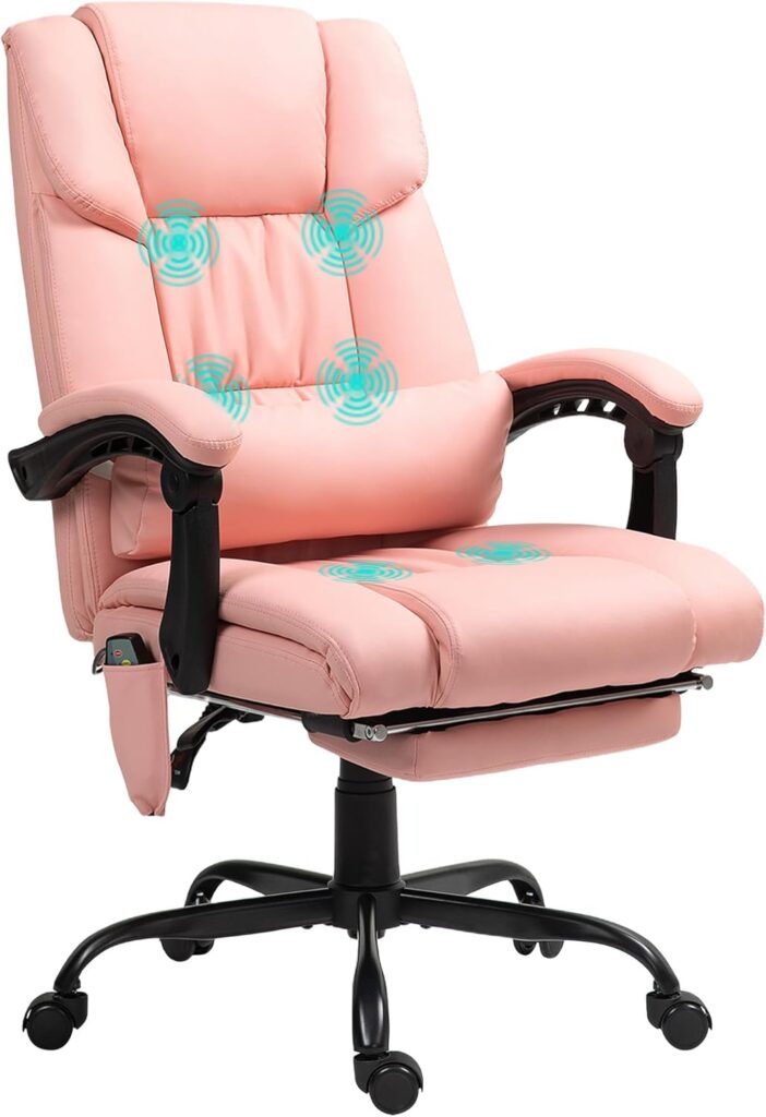 Vinsetto High Back Massage Office Chair with 6 Vibration Points, PU Leather Reclining Computer Chair, Ergonomic Desk Chair with Footrest Adjustable Height and Remote, Pink