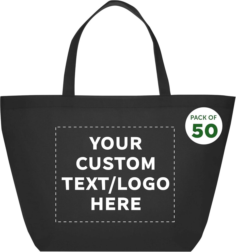 DISCOUNT PROMOS Custom Southern Style Grocery Tote Bags Set of 50 – Personalized Bulk Pack, Reusable Grocery & Shopping Bags – Great for Travel, Carry on Bag, Business Promotions – Black – 20″X13″X8″