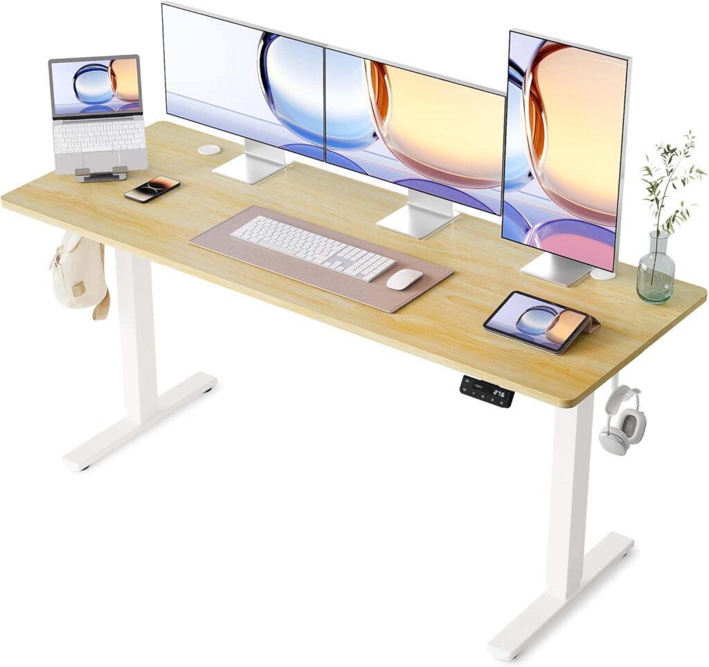 YIHAYO Electric Standing Desk, 63 x 24 Inches Stand Up Desk with Splice Board, Adjustable Height Desk, Computer Desk for Home Office, White Frame/Natural Top