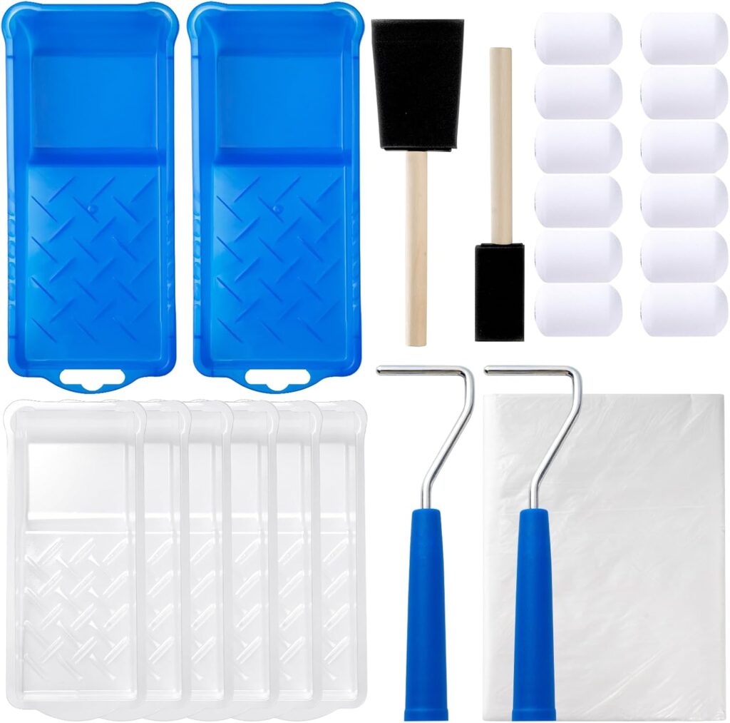 Mister Rui Paint Roller Kit, 25 Pack, 2 Inch Foam Paint Roller, Small Paint Rollers, Paint Roller Tray Liners, Sponge Brush with Plastic Sheeting, Mini Rollers for Painting Furniture