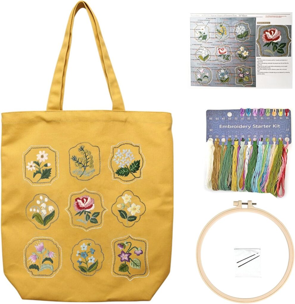 FONNUY Canvas Tote Bag Crewel Embroidery Kit, DIY Craft Kits Pre-Marked Pattern Bag Easy for Audlt Beginners, 15 x 13” (Yellow)