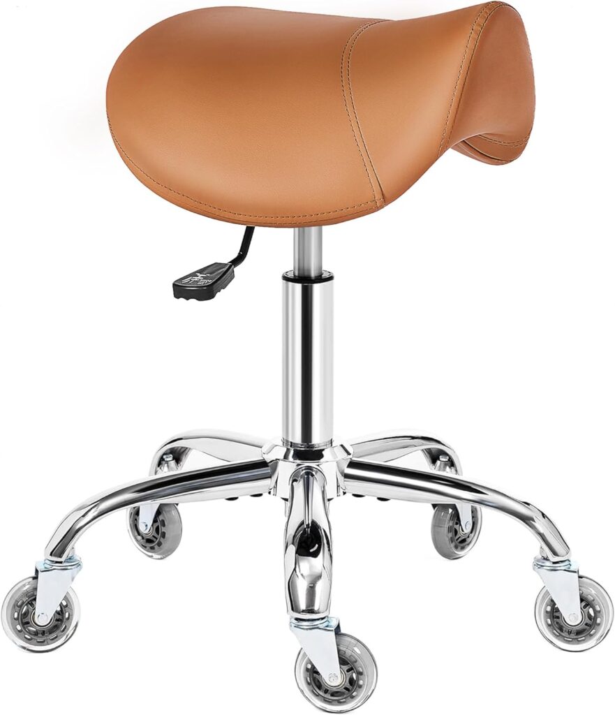 BEWISHOME Rolling Saddle Stool,Height Adjustable Saddle Stool with Wheels,Ergonomic- Comfortable 360 Swivel PU Leather Saddle Chair Seat for Salon, Massage, Clinic, Lab, Office (Camel) BMD01Z