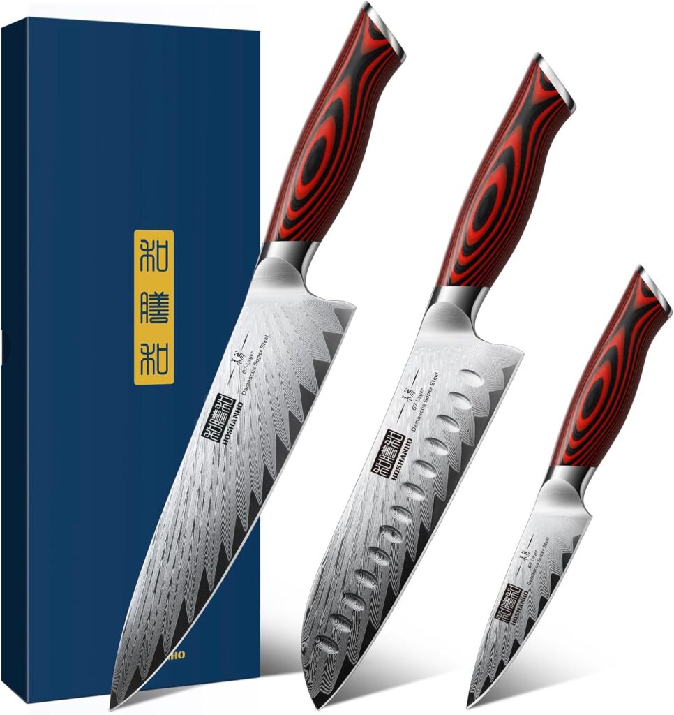 HOSHANHO 3 Pieces Damascus Kitchen Knife Set Ultra-Sharp Knives Set, Professional Chef Knife Set With G10 Ergonomic Handle,Gift Box