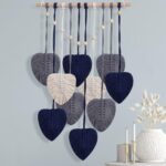 Macrame Wall Hanging Decor Leaves Tapestry, Boho Wall Decor Woven Feather Handmade Yarn Tassels Macrame Wooden Hanging Decorations for Office,Living, Bedroom, Nursery,Apartment Room,16×26 Inch(Blue)