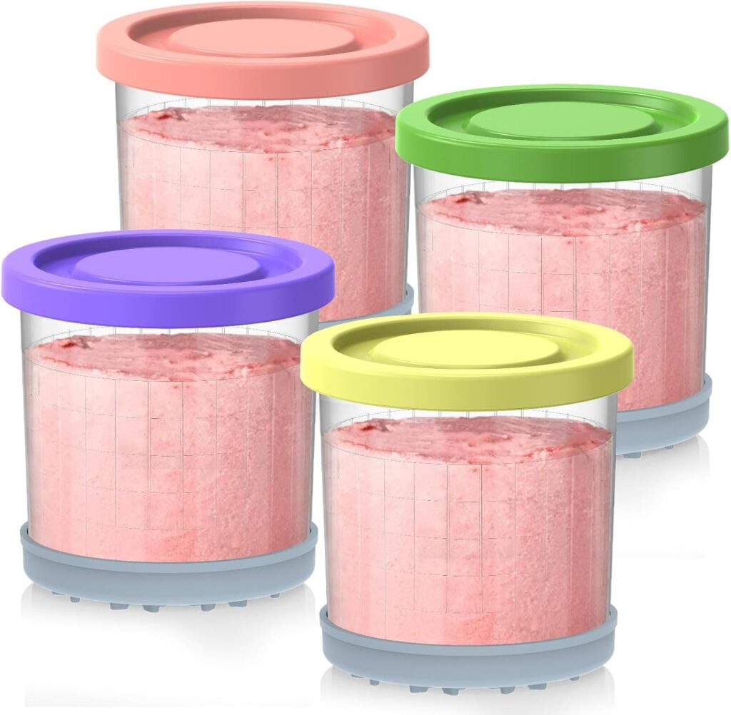 Containers Replacement for Ninja Creami Pints and Lids – 4 Pack, 16oz Cups Compatible with NC301 NC300 NC299AMZ NC290 Series Ice Cream Maker, Airtight Anti-slip
