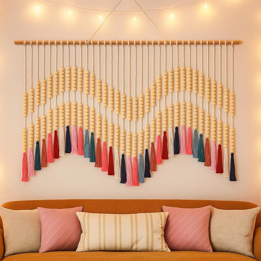 Tiamon Large Boho Macrame Wall Hanging Decor – 70.9″ W x 35.4″ L Wall Art with Wooden Beads and Tapestry Fringe for Bohemian Natural Modern Rustic Style Bathroom Farmhouse Bedroom Living Room Nursery