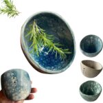 Pottery Herb Stripper Bowl, Handmade Ceramic Herb Stripper Tool with 4-Hole Design, Herb Roller for Quick Leaf Removal, Suitable for Peeling Off The Leafy (Blue)