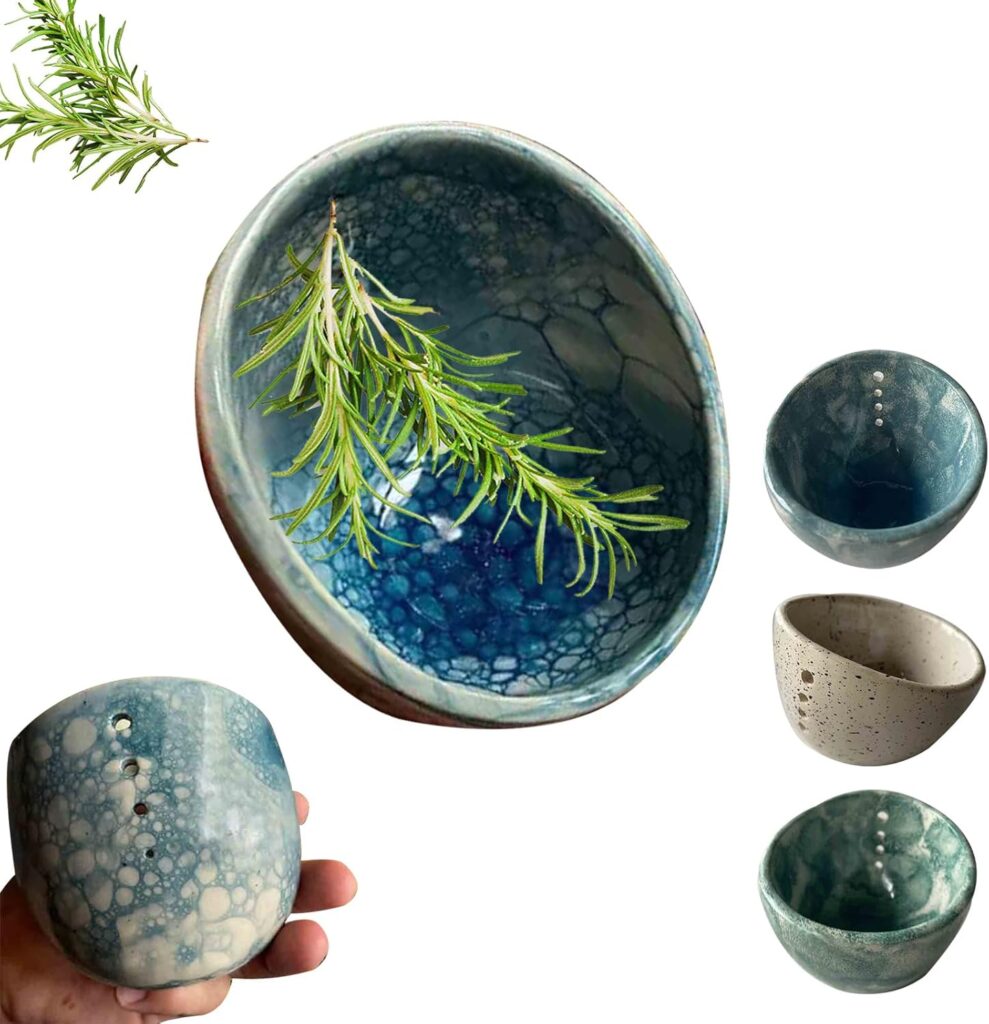 Pottery Herb Stripper Bowl, Handmade Ceramic Herb Stripper Tool with 4-Hole Design, Herb Roller for Quick Leaf Removal, Suitable for Peeling Off The Leafy (Blue)