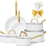 Ceramic Cookware Set, VONIKI 16 Pcs Pots and Pans Set Non Stick, Kitchen Cookware Sets with Cooking Utensils Set, Non Toxic Cookware Set White Gold Pan Set for Cooking Pot Oven & Dishwasher Safe, Gift