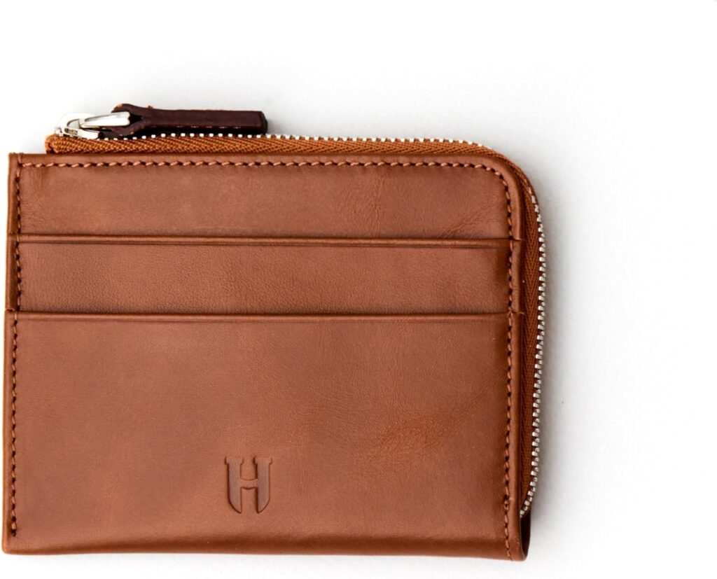 RFID Blocking Zipper Wallet, Slim Business Card Holder, Men & Women, Handcrafted Full-Grain Leather, Gift Box & Pouch, Christmas & Birthday, Tan
