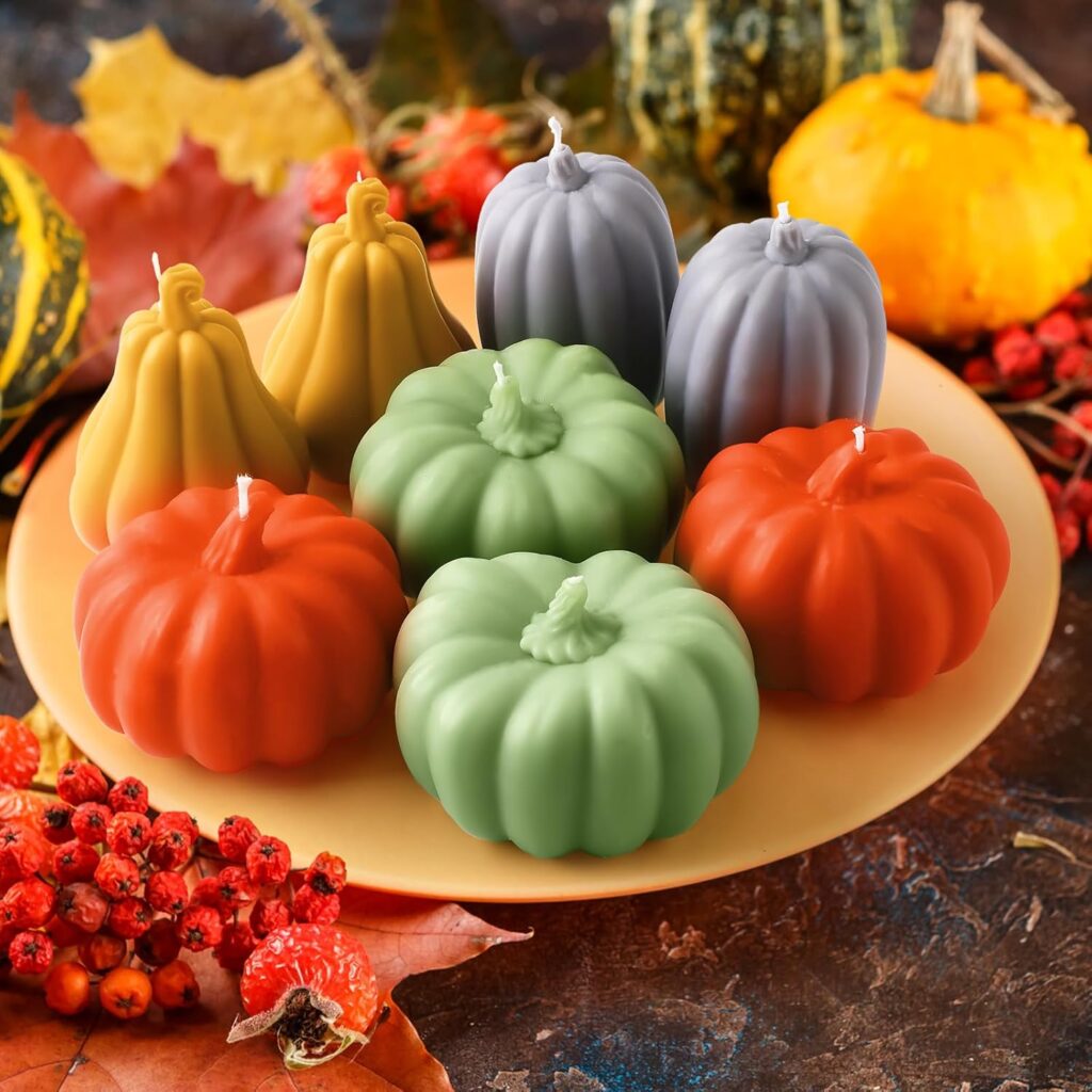 8 Pcs Thanksgiving Pumpkin Shaped Candles Thanksgiving Scented Pumpkin Tealight Candle Bulk Home Decor Handmade Fall Gifts Soy Wax Orange Green Wax Light for Home Table Bedroom Bathroom Party