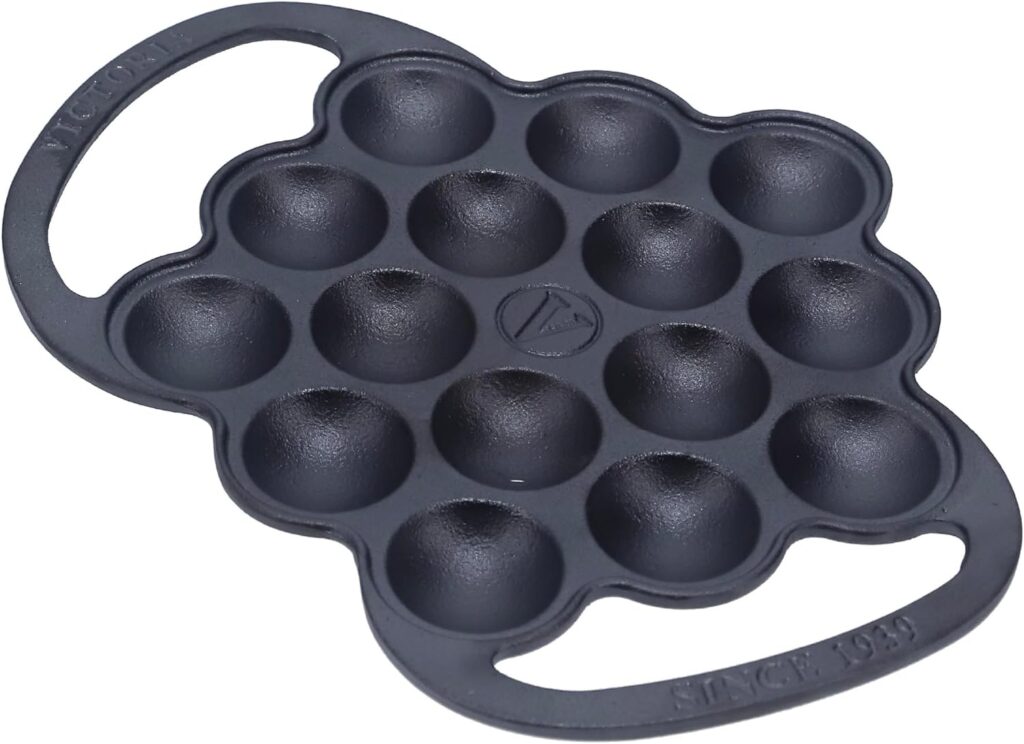 Victoria Cast Iron Poffertjes Dutch Pancake Pan with Loop Handles, Preseasoned with Flaxseed Oil, Made in Colombia