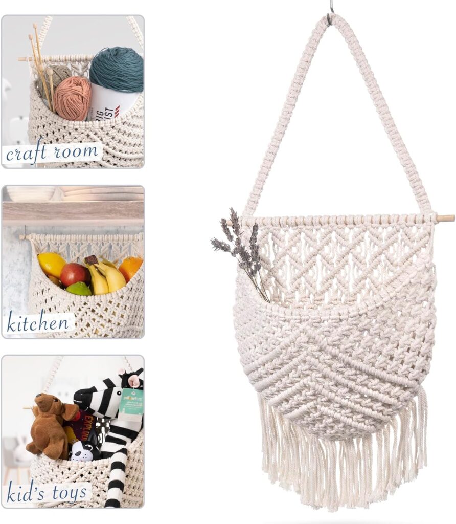 Macrame Fruit Basket, Vegetable and Fruit Hammock for Kitchen Under Cabinet – Hanging Wall Decor, Boho Baskets for Storage, Counter Space Saver – Cotton, Off White