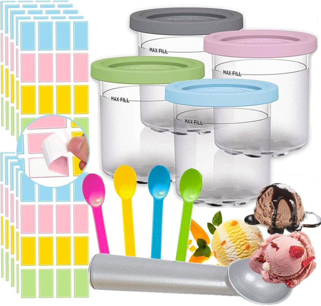 4 Pack Containers Replacement for Ninja Creami Pints and Lids with 160pcs Waterproof Removable Labels,16oz Compatible with Ninja NC299AMZ NC300 Series Deluxe Ice Cream Makers Cups