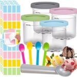 4 Pack Containers Replacement for Ninja Creami Pints and Lids with 160pcs Waterproof Removable Labels,16oz Compatible with Ninja NC299AMZ NC300 Series Deluxe Ice Cream Makers Cups