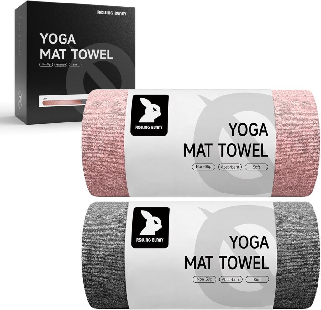 Yoga Mat Towel – Non-Slip Microfiber for Hot Yoga & Pilates | Super Absorbent, Lightweight & Machine Washable 72″x25″ (Pink + Gray)