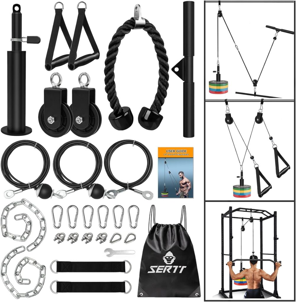 SERTT Weight Cable Pulley System Gym, Upgraded Cable Pulley Attachments for LAT Pull Down, Biceps Curl, Tricep, Arm Workouts – Home Gym Add On Equipment